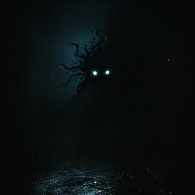 The primary subject of the image is a dark, foggy scene with a large, glowing, spooky creature. The creature appears to be a monster or a demon, with its eyes glowing in the darkness. The setting is a nighttime environment, with the creature standing in the middle of a foggy area. The visual style of the image is a combination of a photo and digital art, creating a mysterious and eerie atmosphere. The dominant colors are black, white, and the glowing eyes of the